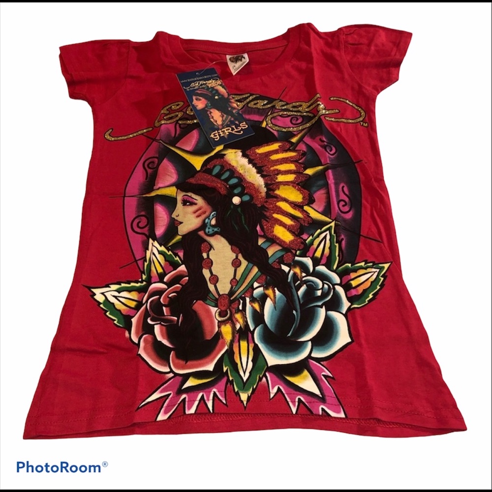 Ed Hardy Red Graphic V Neck S/S Tee